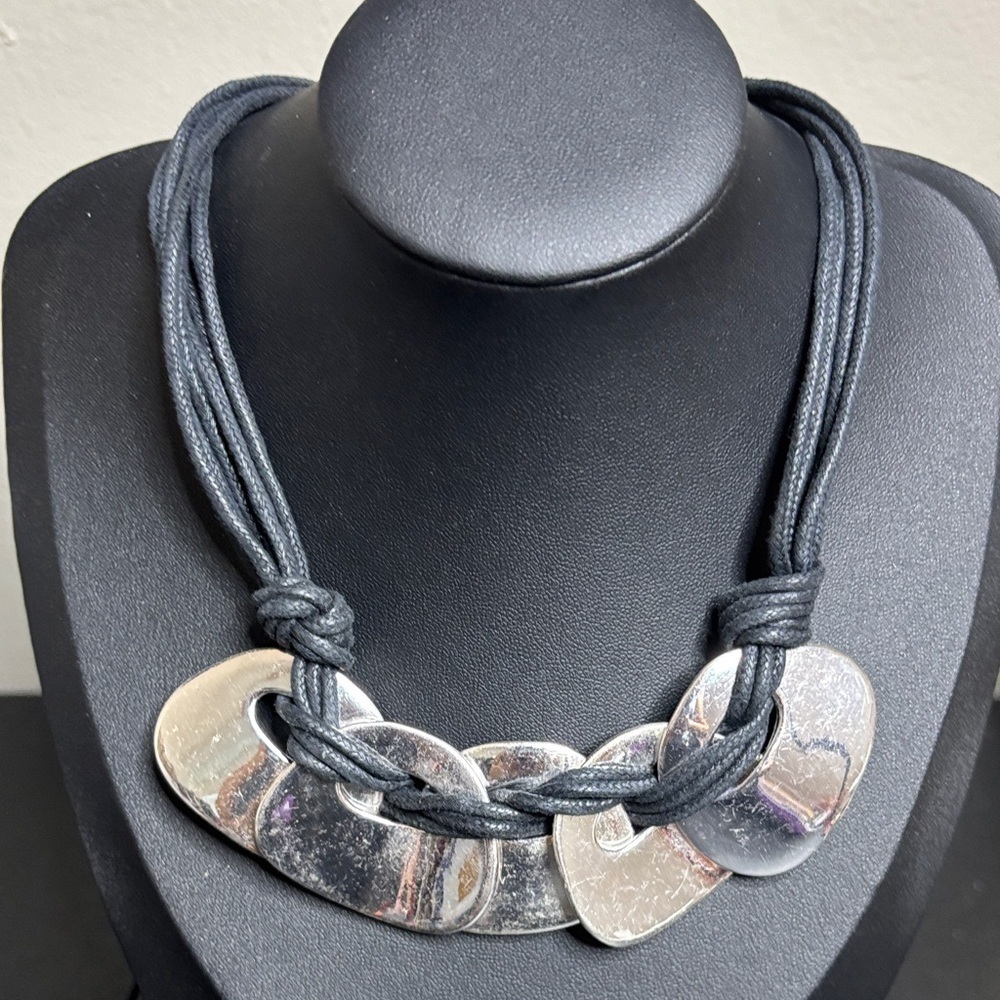 Silver Necklace Black Collar Cord